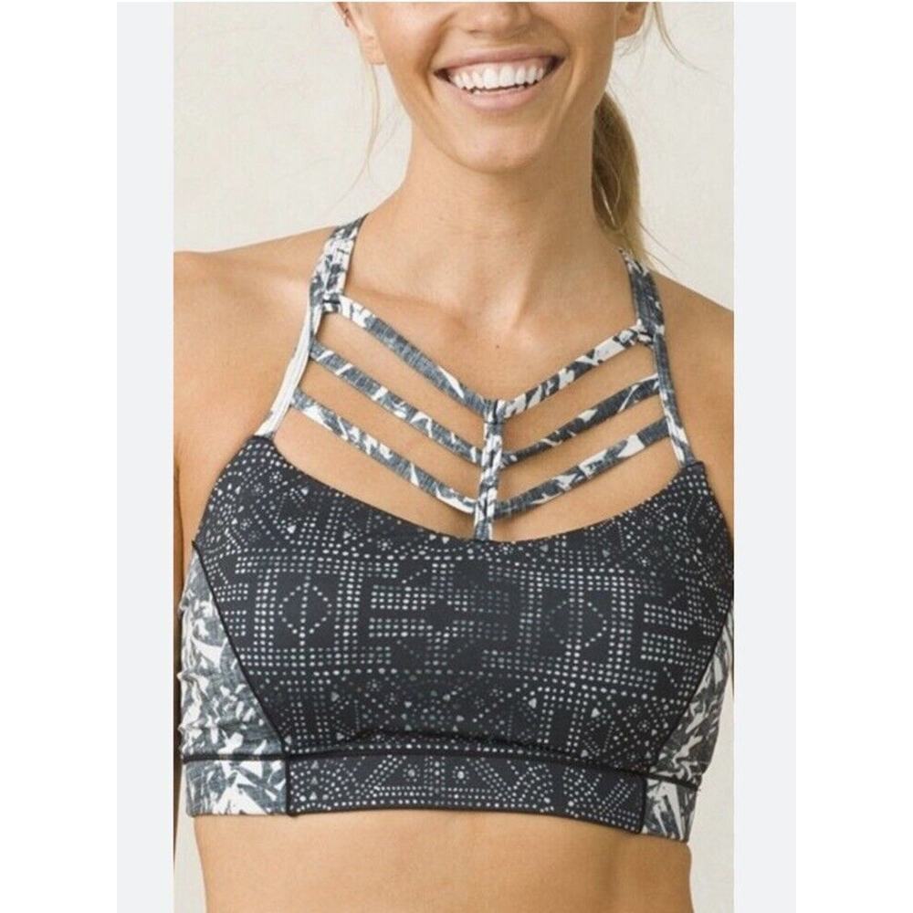 PrAna Sports Bra Women Cage Reistling Yoga Black White Blue Mosaic Size XS
